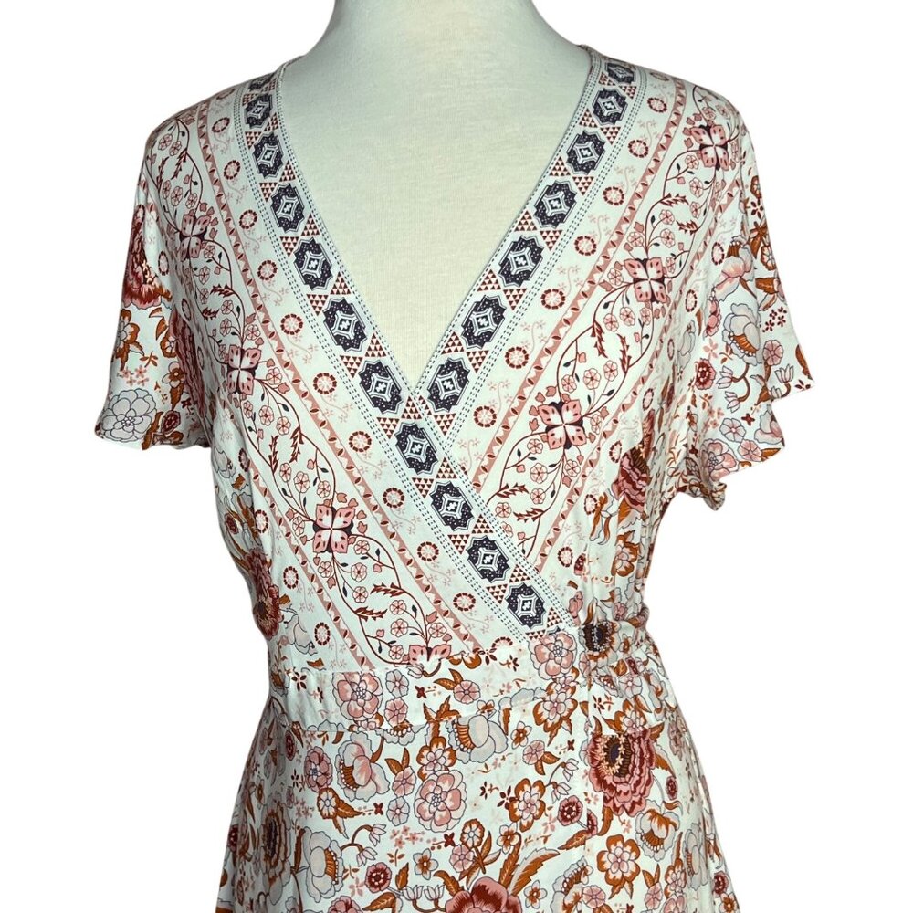 Zesica Women M Floral Wrap V-Neck Short Sleeve Dress Ruffle Rayon Office Church